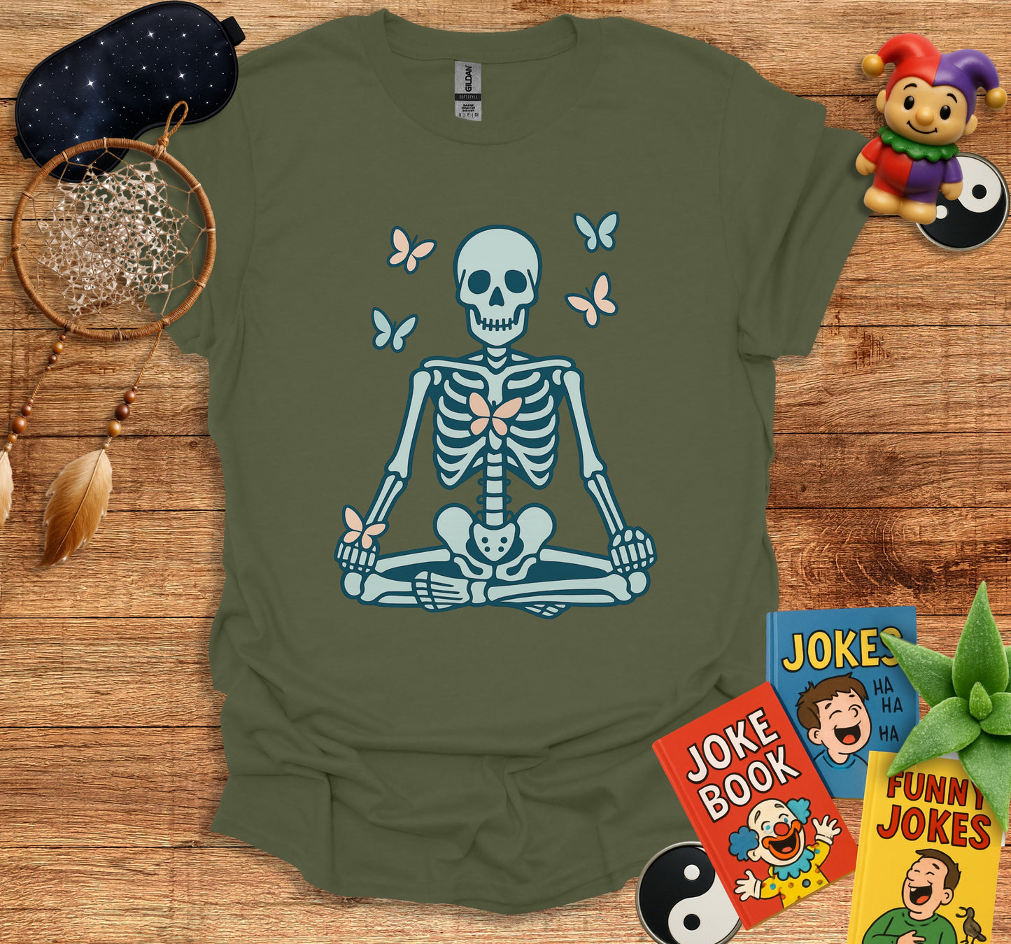 Meditating Skeleton with Butterflies Graphic Shirt product
