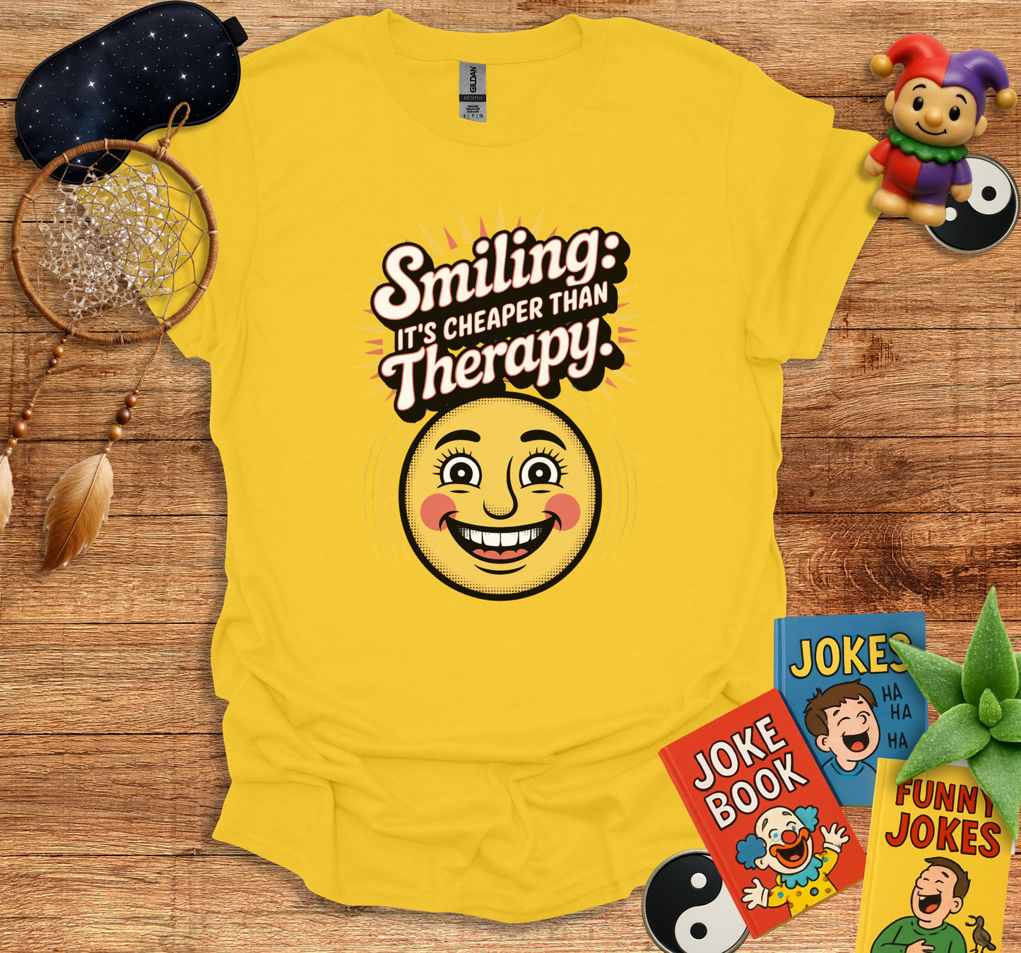 Smiling It's Cheaper Than Therapy Yellow T-Shirt product
