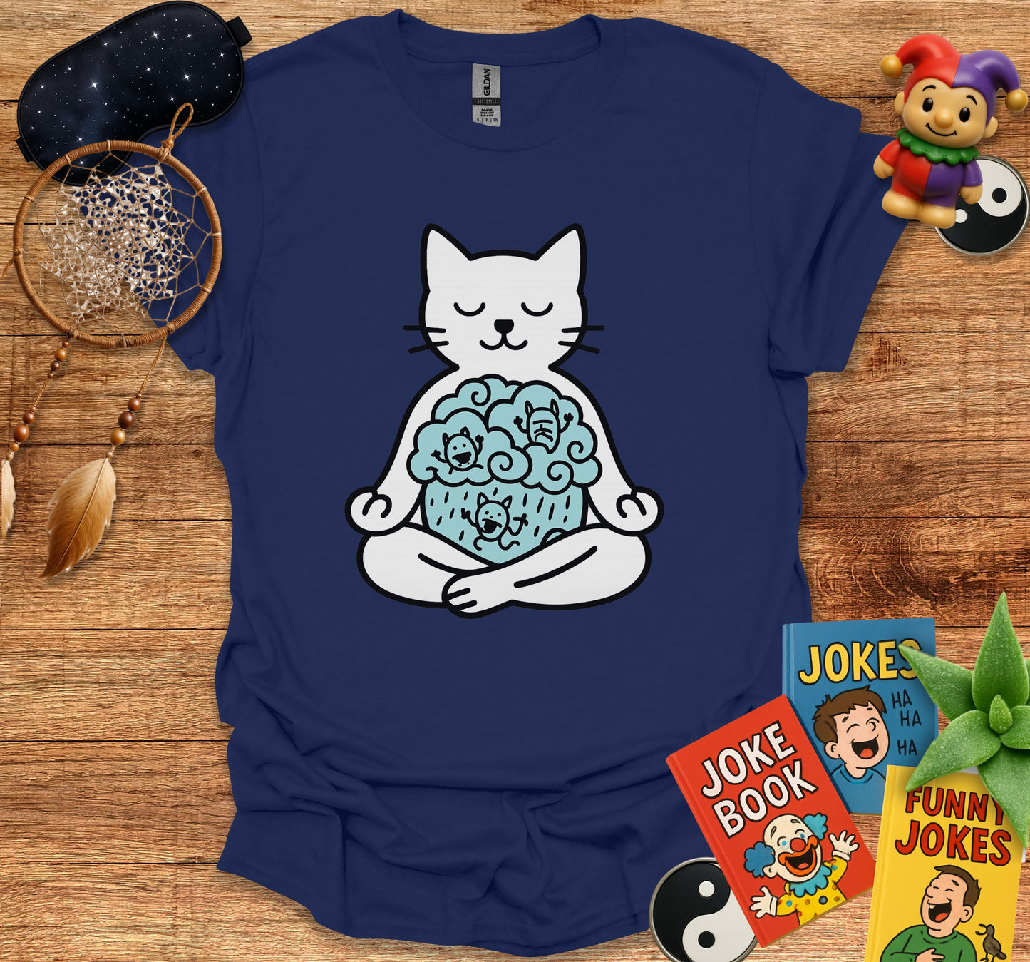 Meditating Cat with Pug Faces Print T-Shirt product type