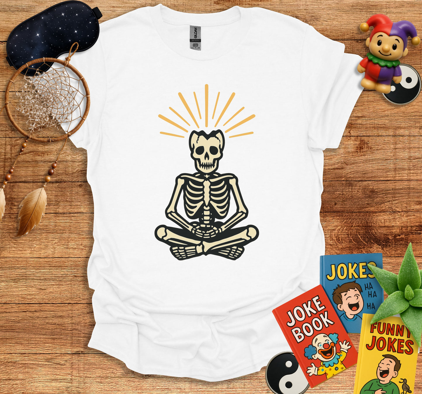 Meditating Skeleton Graphic T-Shirt for Casual Product