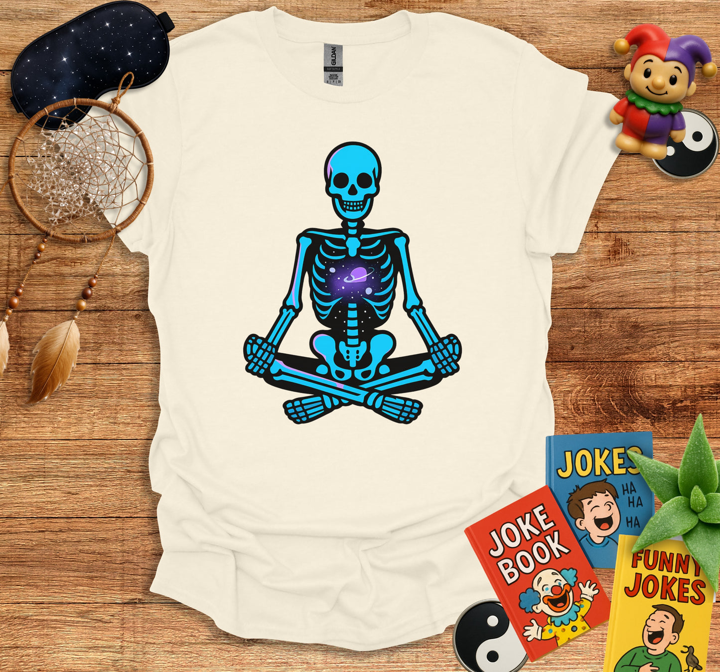 Meditating Skeleton with Jokes Books T-Shirt product