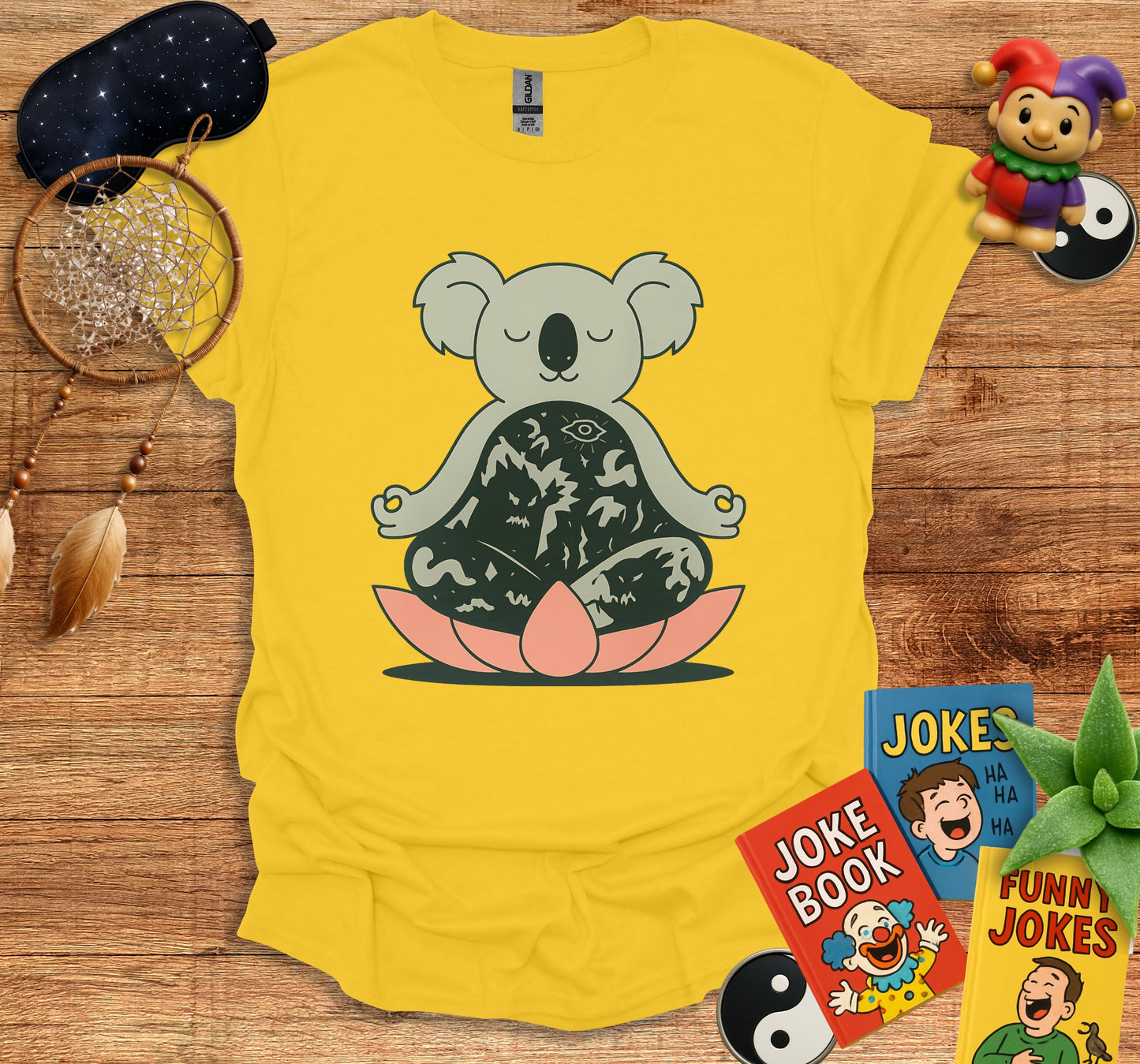 Meditating Koala Yellow Graphic Tee Shirt product type