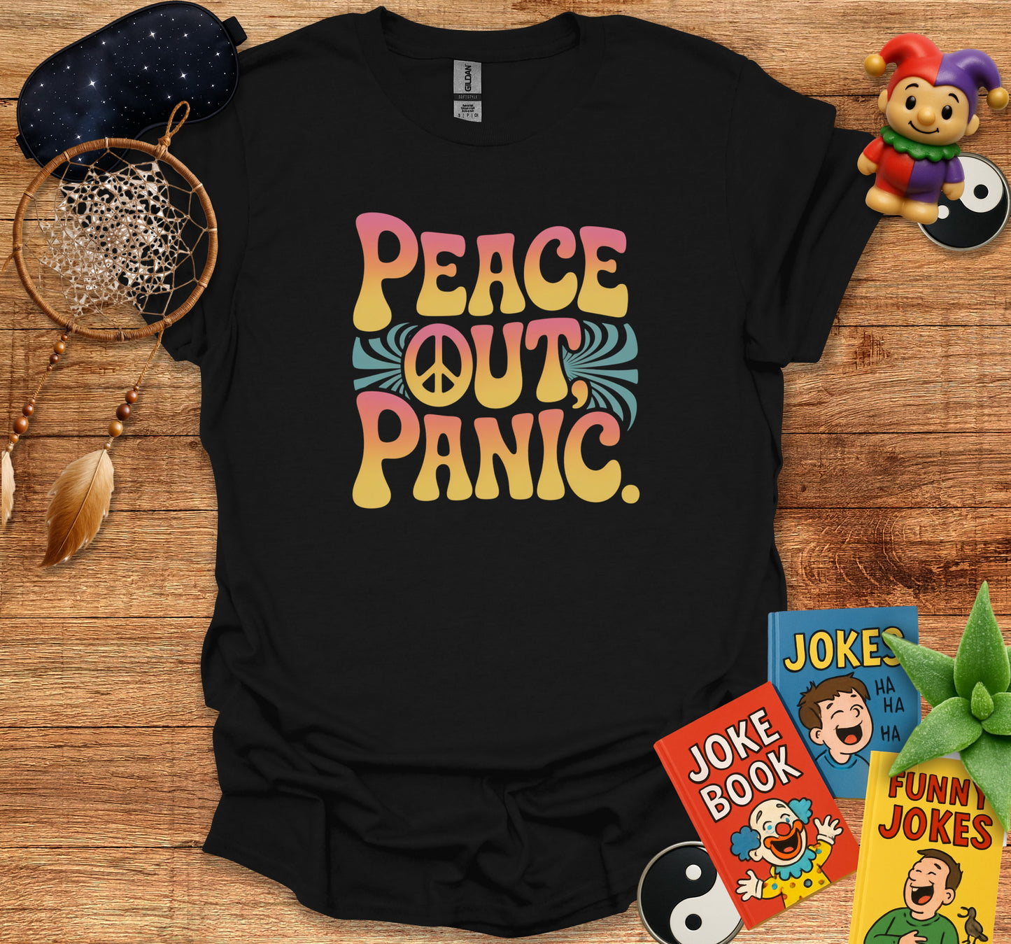 Peace Out Panic Colorful Lettering Graphic Tee product