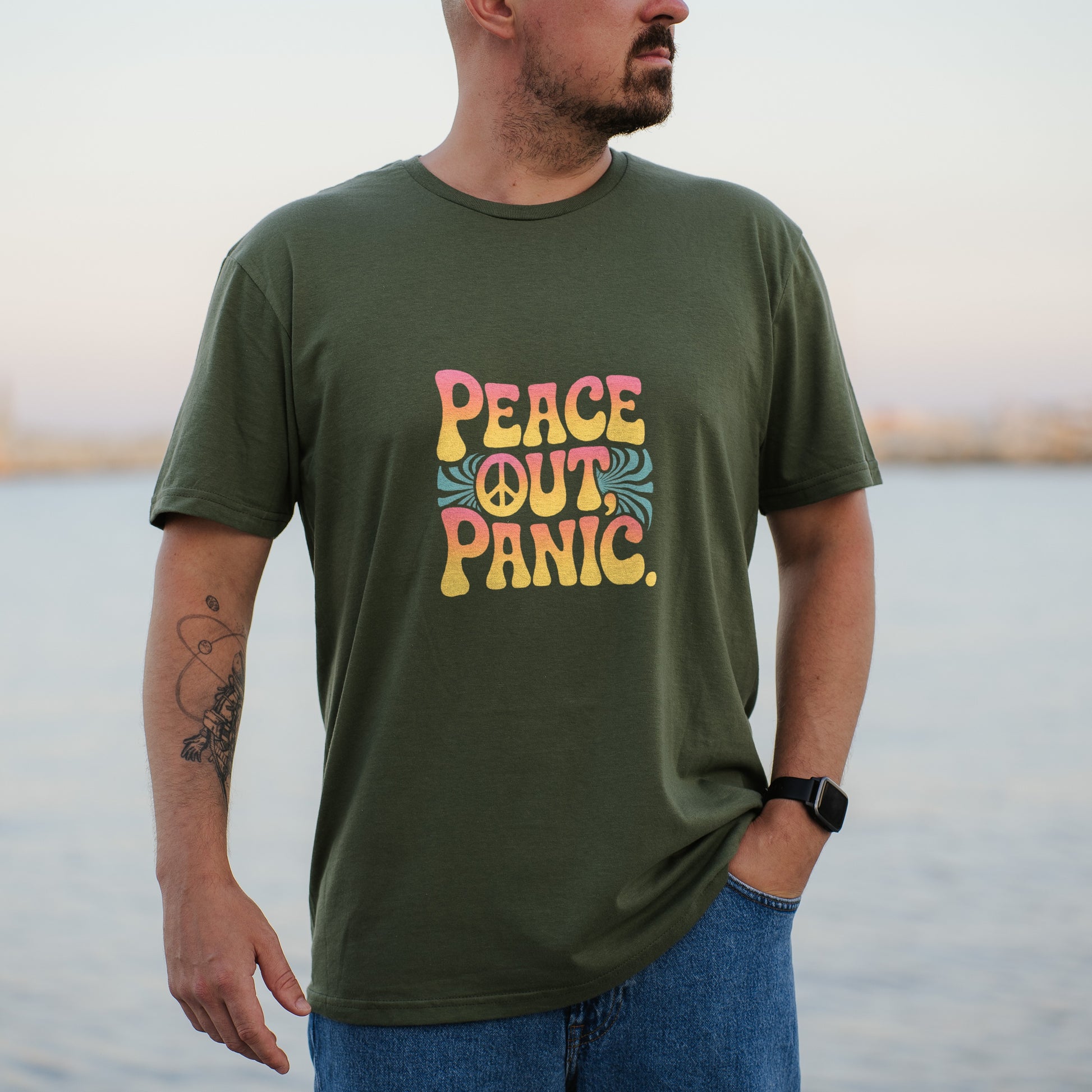 Peace Out Panic Text Design Graphic Shirt Product