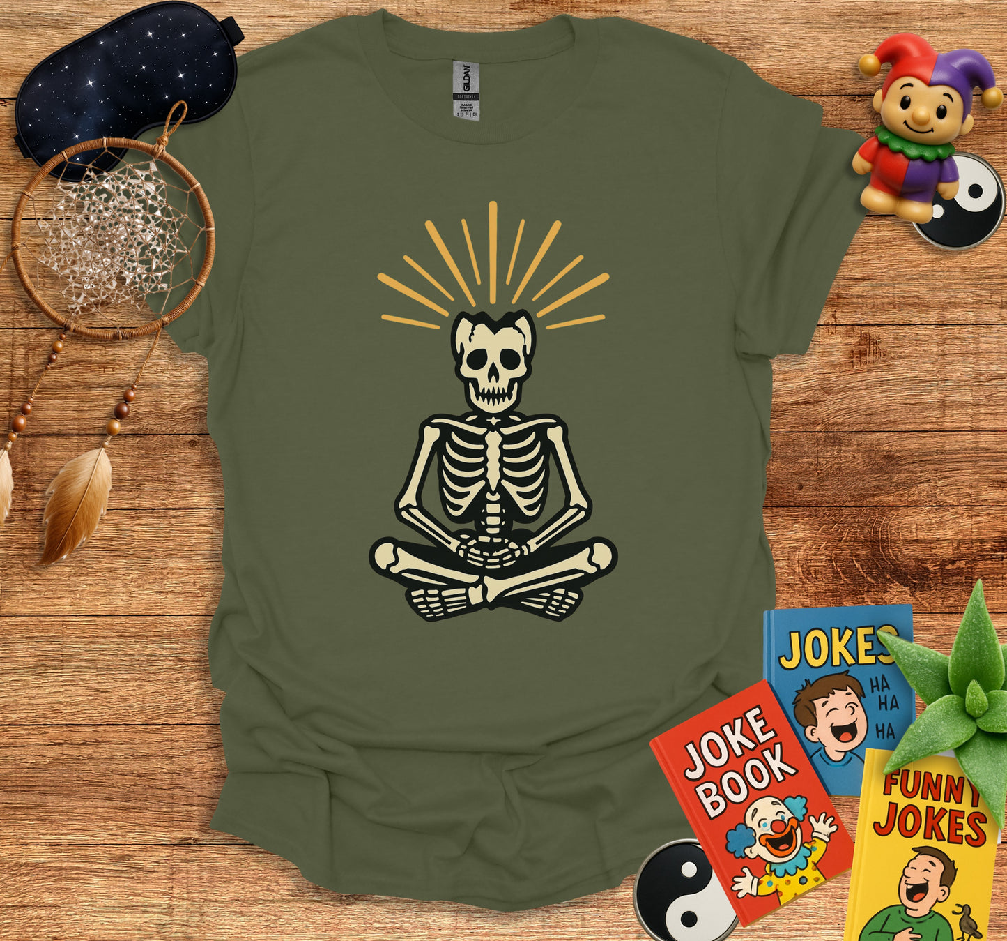 Meditating Skeleton with Radiant Rays T-Shirt Product