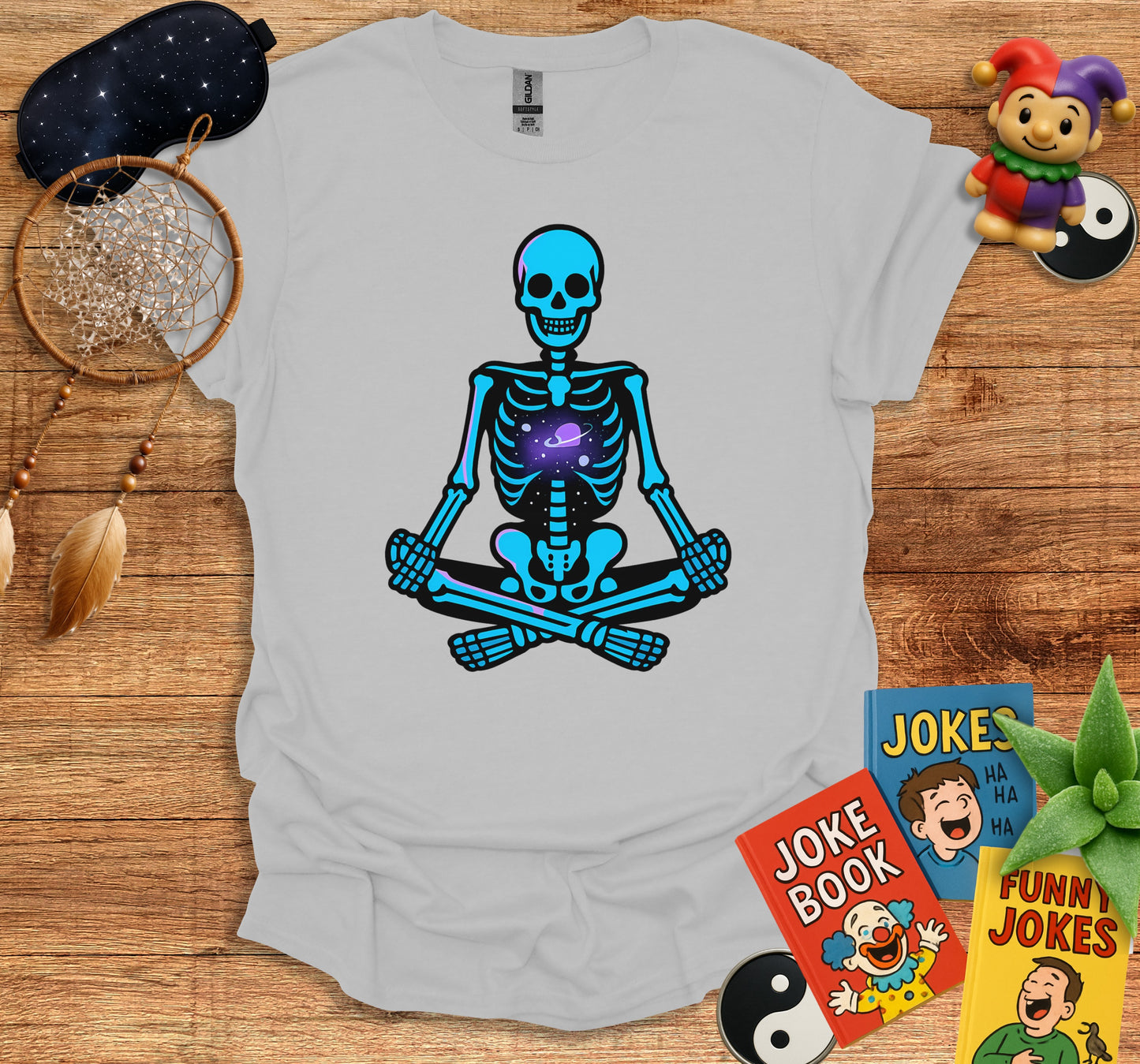 Meditating Skeleton Funny Jokes Included on Shirt Product