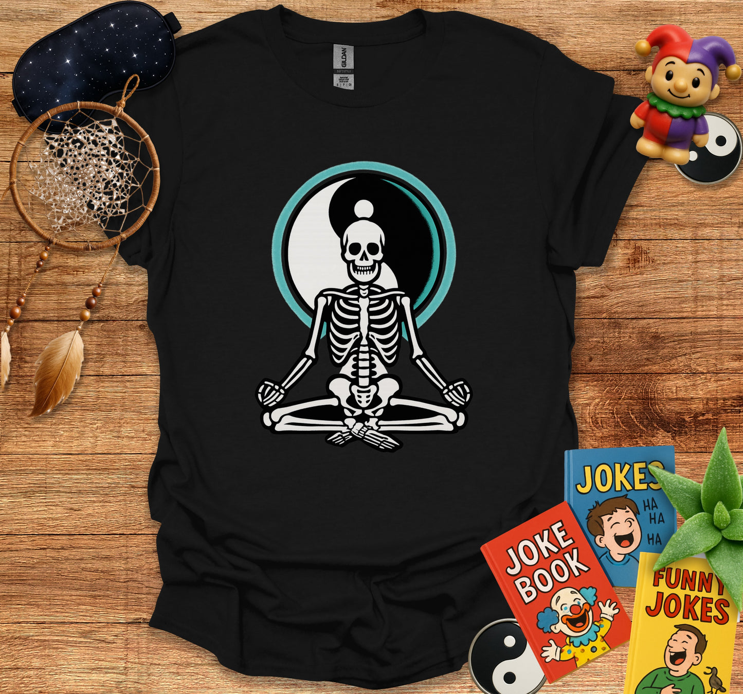 Skeleton Doing Yoga Inside of Ying Yang Symbol T-Shirt