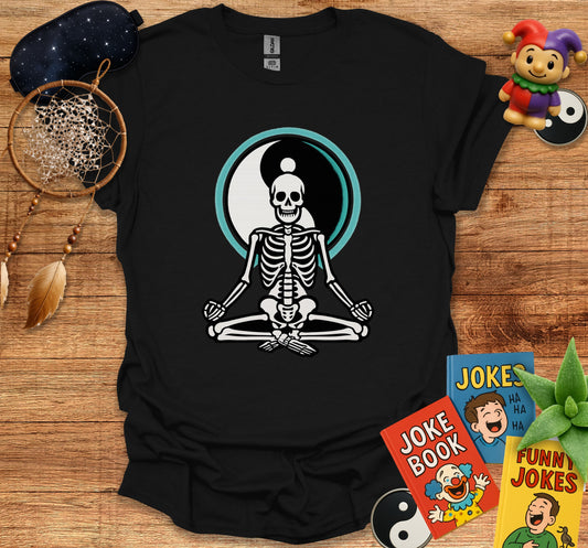 Skeleton Doing Yoga Inside of Ying Yang Symbol T-Shirt