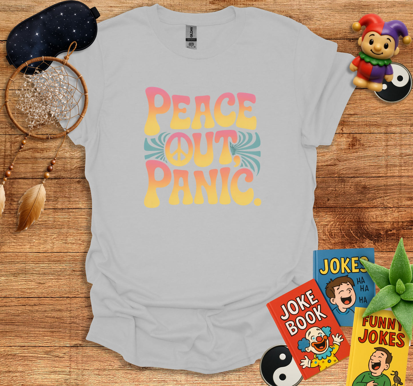 Peace Out Panic Colorful Graphic Tee Shirt product