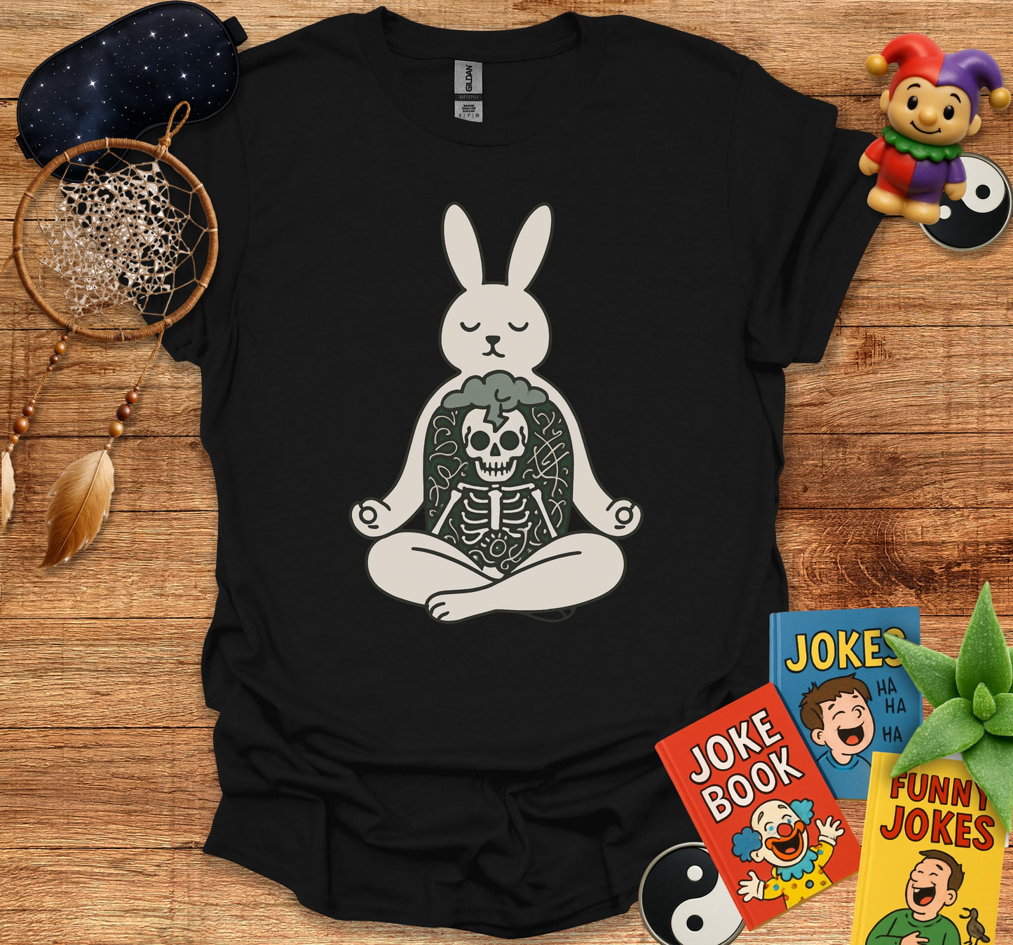 Meditative Bunny Skeleton Humor Screen Print Shirt product type
