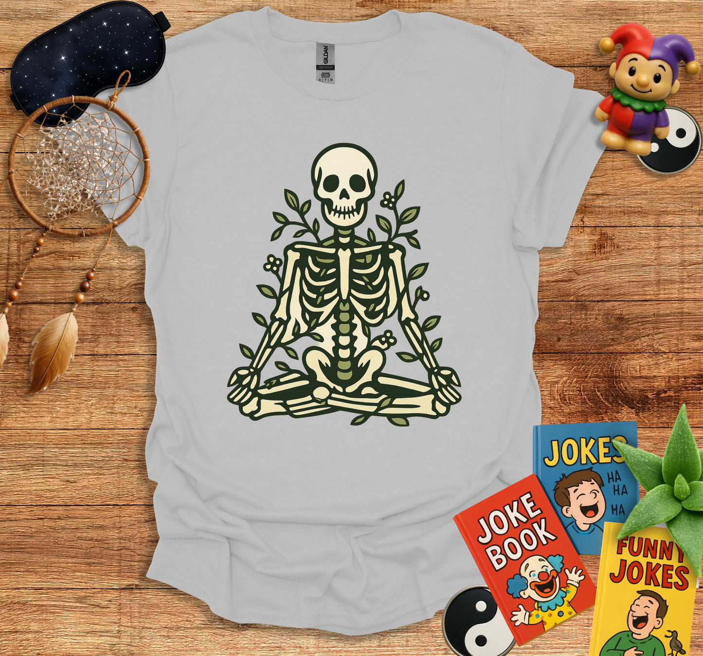 Meditating Skeleton Graphic Tee Yoga Inspired Casual product