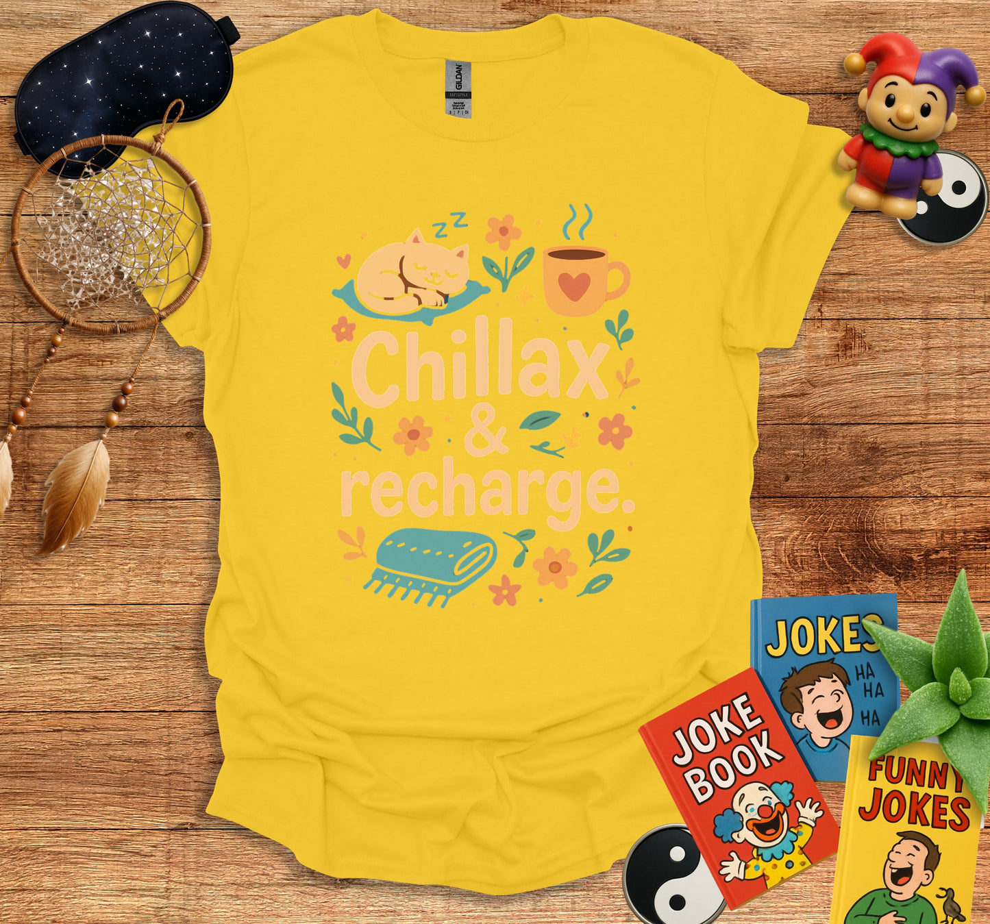 Chillax and recharge slogan print t-shirt product