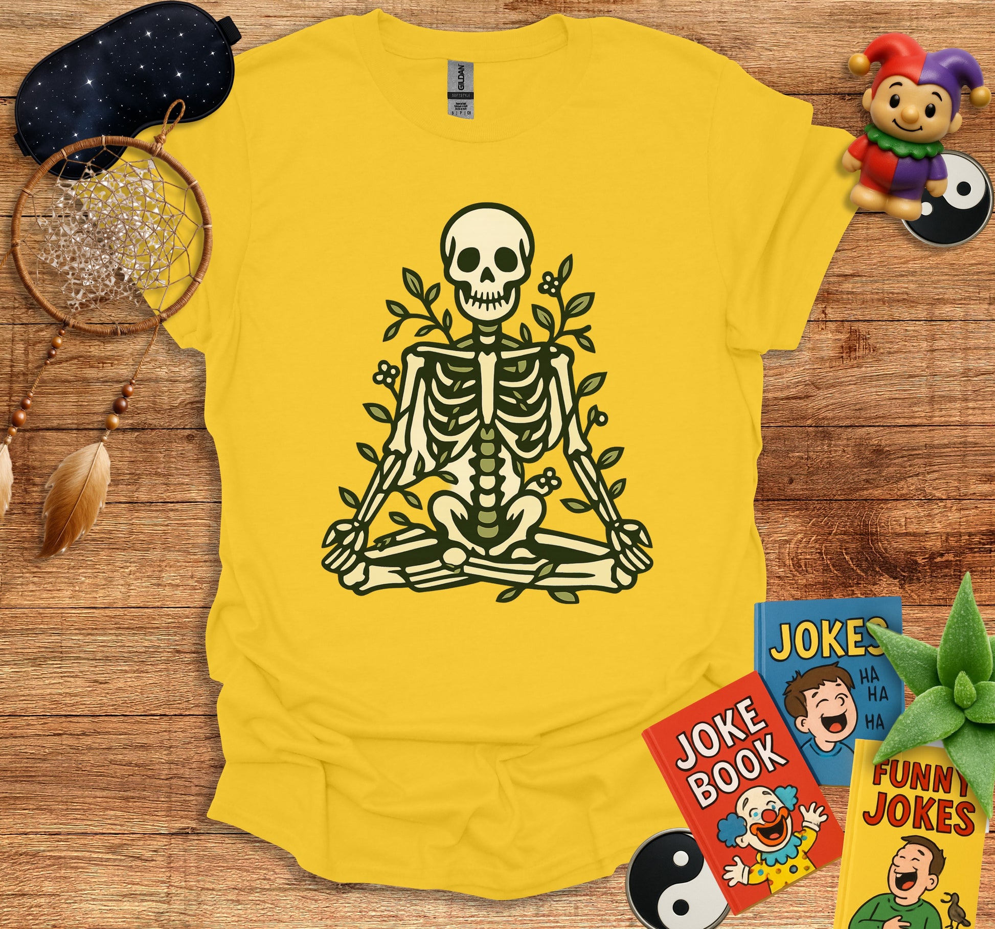 Skeleton Meditation Graphic Yellow T-Shirt product type