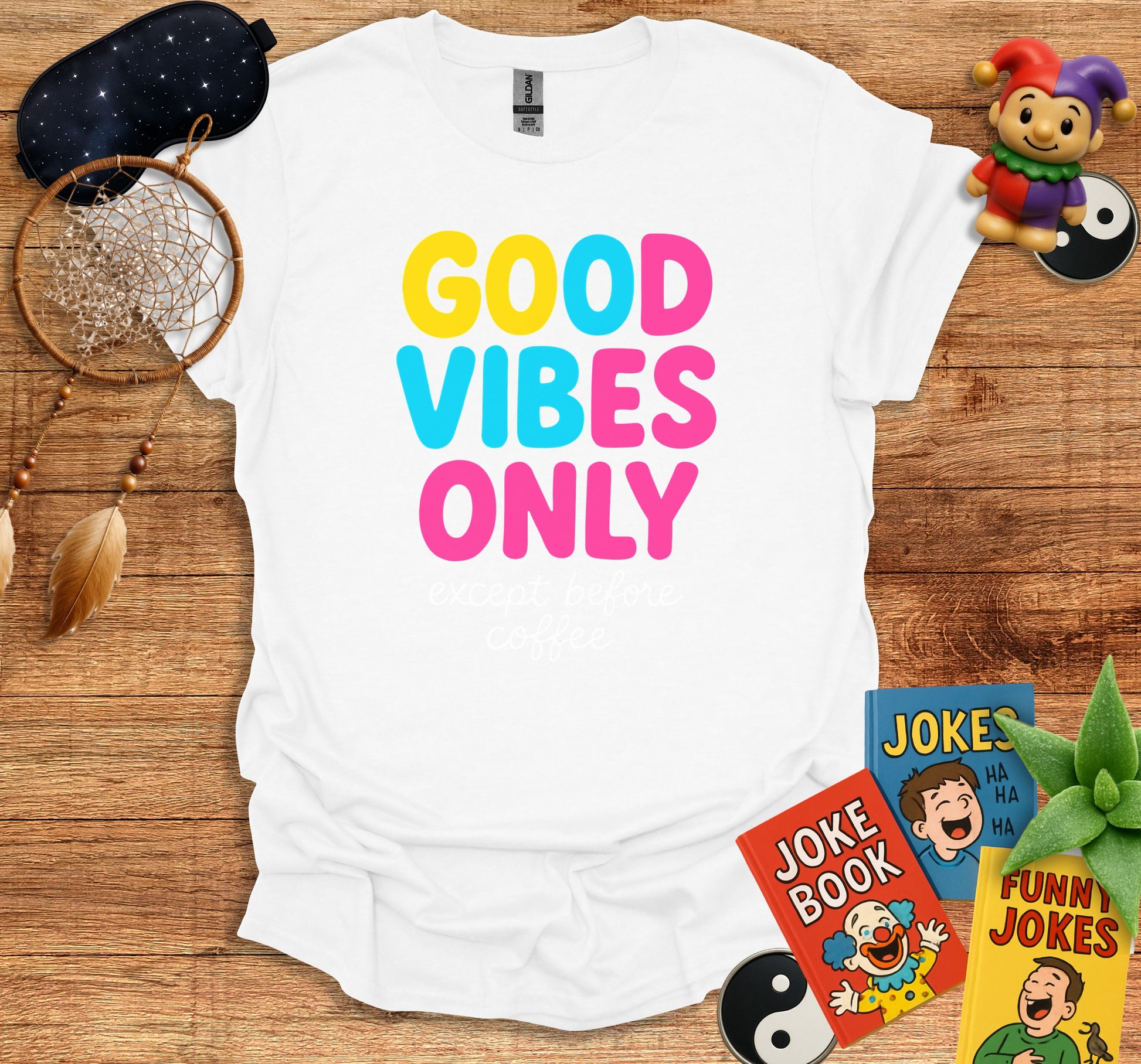 Good Vibes Only Bright Colored Text Shirt product type