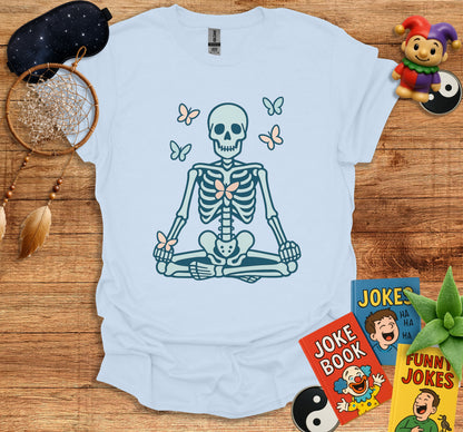 Skeleton Meditating with Butterflies Graphic Art T-Shirt