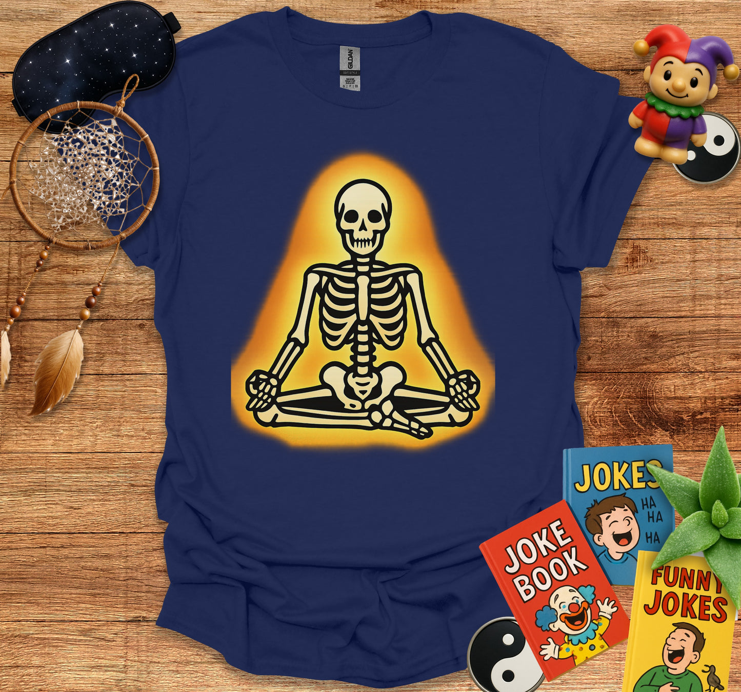 Meditating Skeleton With Gold Aura Illustration T-Shirt