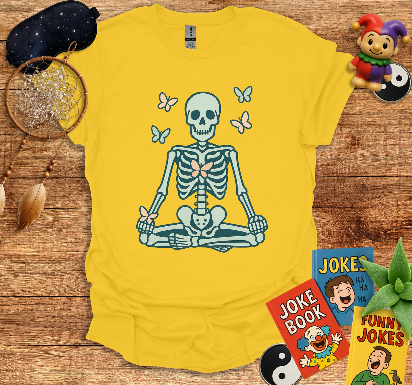 Meditative Skeleton with Butterfly Art T-Shirt product type